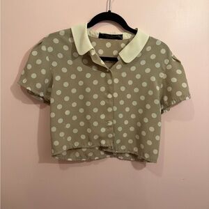 Polka Dot Cropped Button-Up Blouse in Olive with Cream Collar